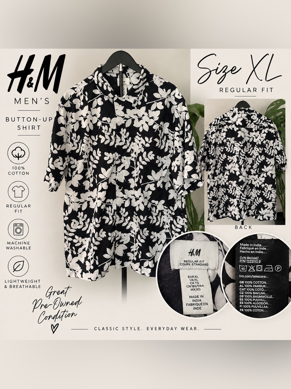 H&M Black and White Floral Button-Down Shirt